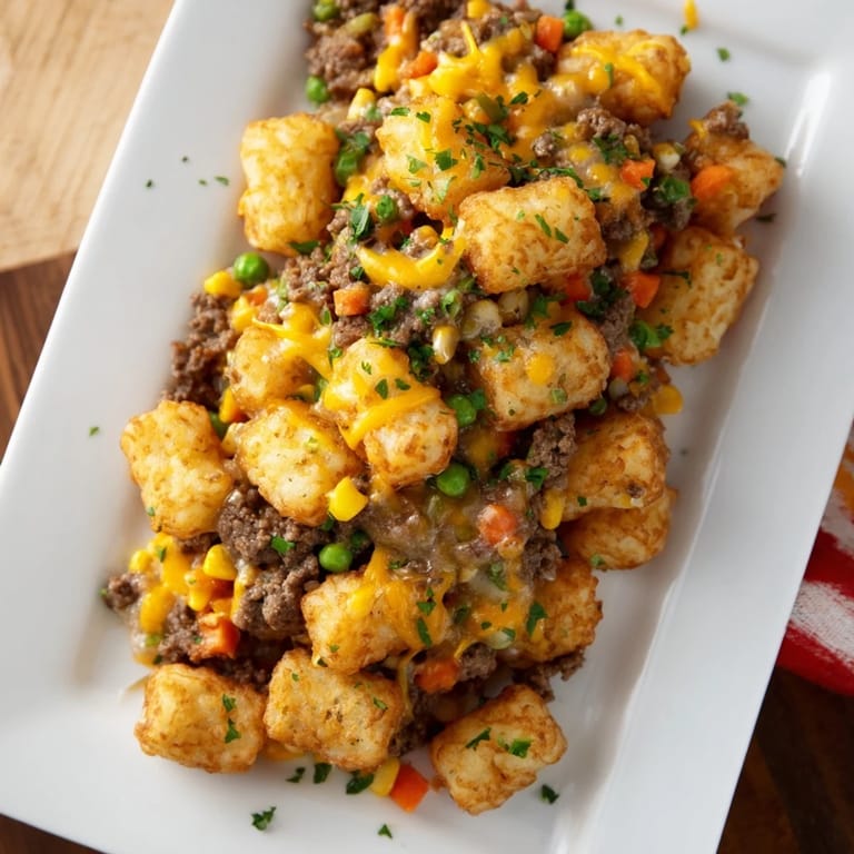 A close-up reveals melted cheese and tender vegetables in this comforting Quick Christmas Tater Tot Casserole recipe.