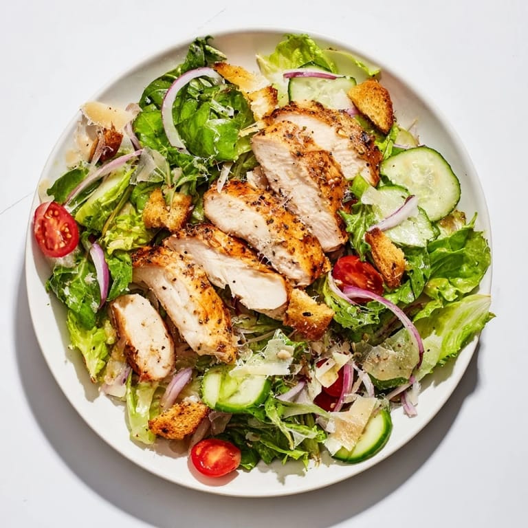 A close-up of a delightful Quick Crunchy Lemon Parmesan Chicken Salad, showcasing flavorful chicken and crunchy croutons.