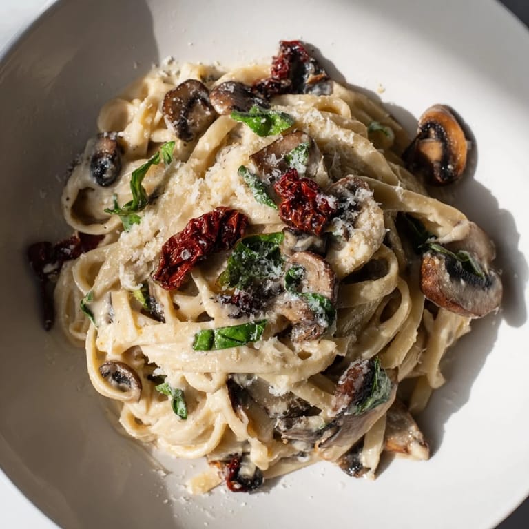 Tender mushrooms and sun-dried tomatoes dance in this rich Vegan Marry Me Mushroom Pasta, a vegan delight.