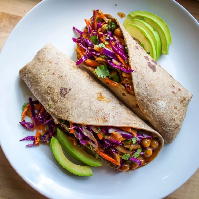 Freshly assembled BBQ Chickpea & Slaw Wraps featuring BBQ chickpeas, vibrant slaw, ready to be enjoyed.