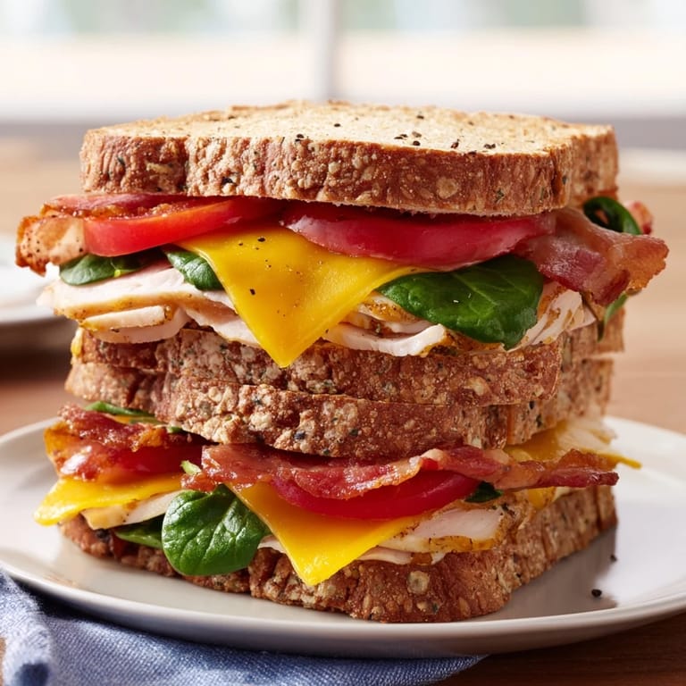 A close-up shot of a cheesy Turkey Bacon, Spinach & Tomato Grilled Cheese sandwich, delicious textures.