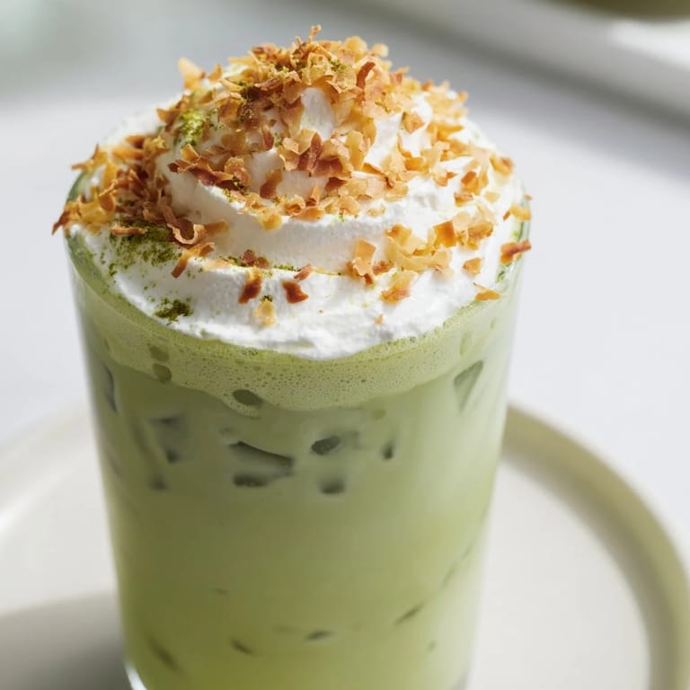 A refreshing and spiced Toasted Coconut Gingerbread Iced Matcha with toasted coconut flakes piled on top.
