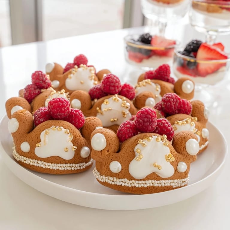 Enjoy a celebratory Princess Crown dessert tray, featuring beautiful cookies and a creamy white chocolate mousse.
