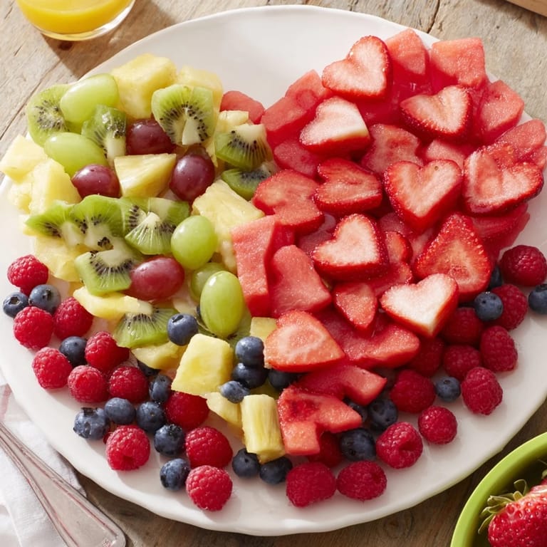 A colorful Sweetheart Fruit Board showcases fresh berries and tropical fruit, perfect for a special gathering.