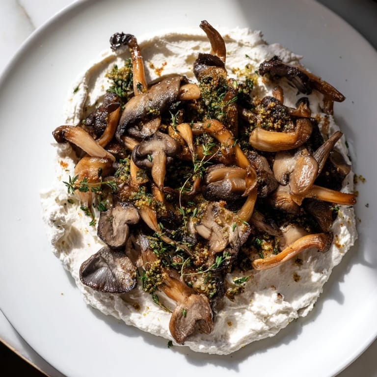 Earthy Cottagecore: Close-up of mushrooms and vibrant herb breadcrumbs on a savory platter.