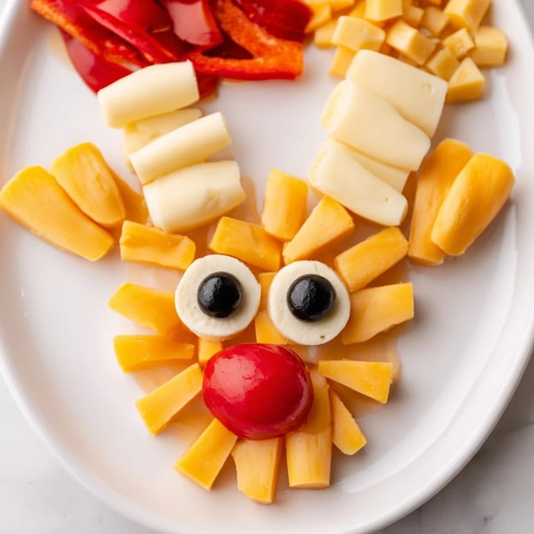 Enjoy this Cheesy Reindeer Face Platter, a visually appealing snack complete with pretzel antlers and olives.