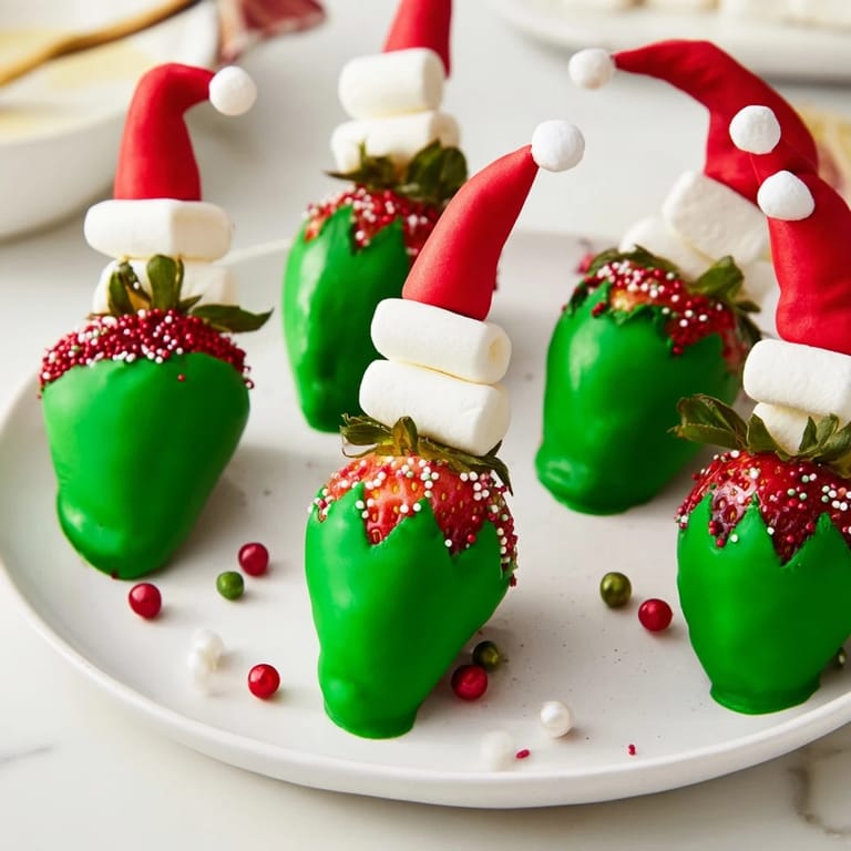 Close up of delicious Elf Hat Chocolate Dipped Strawberries, a perfect dessert ready to be shared.