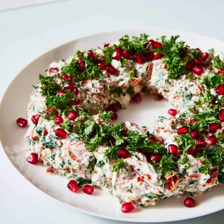 Festive red pepper and spinach dip wreath, perfect for dipping, showcases vibrant red and green colors.