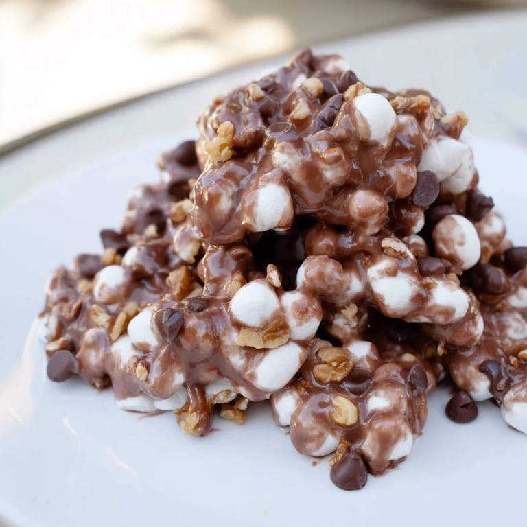 Warm, melty chocolate chip and marshmallow dessert picture: perfectly sweet treat for a fast craving.