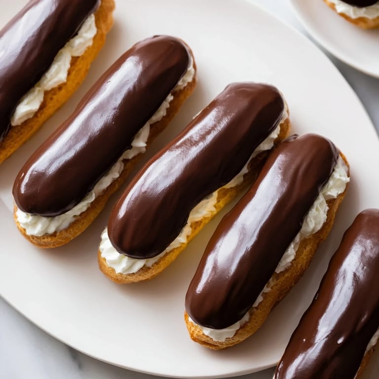 Freshly made mini chocolate éclairs, bite-sized treats showing off the glossy chocolate glaze and creamy filling.
