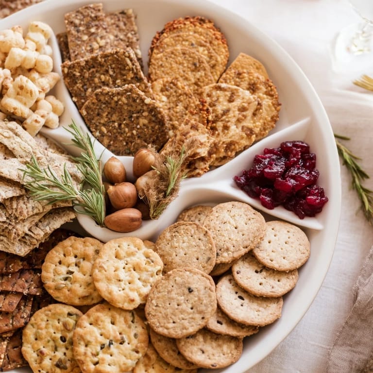 A close-up of a vibrant holiday crackers assortment, showcasing various flavors for an easy appetizer.