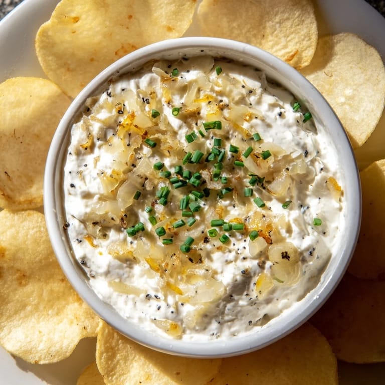 Golden, salty potato chips await dipping into a tangy, flavorful classic onion dip for a tasty snack.
