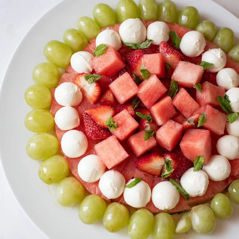 Refreshing summer watermelon slice platter with mozzarella cheese and a vibrant, fruity display ready.