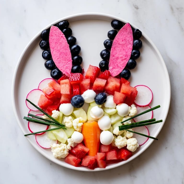 Visualize this delicious Bunny Silhouette, a fun Easter appetizer with fruit and cheese.
