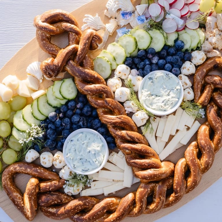 A festive The Anchor Maritime Board, loaded with cheeses, fruits, and meats, perfect for a coastal party spread.