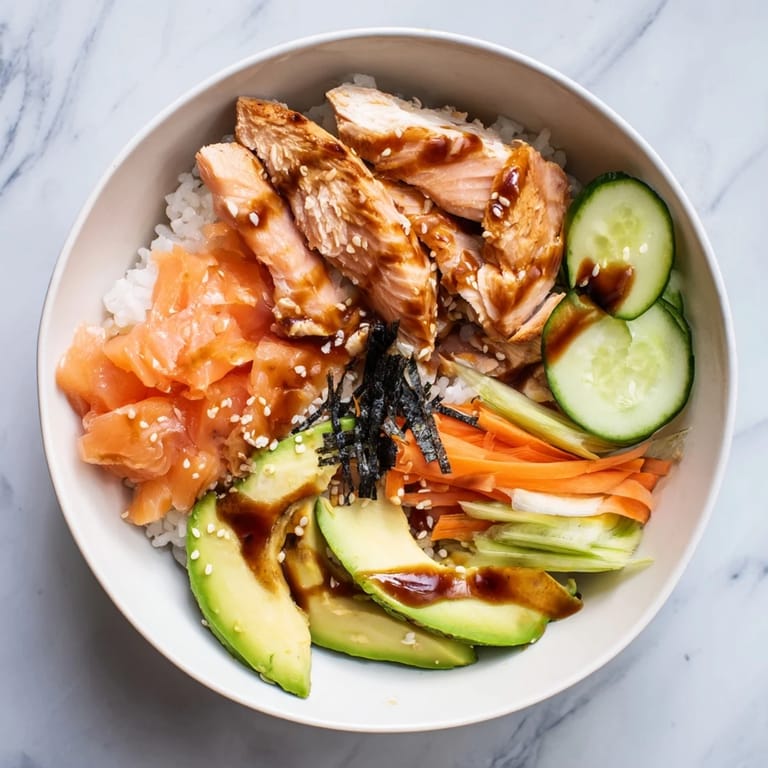 A colorful overview of a Japanese-Style Salmon & Chicken Rice Bowl, ready to be enjoyed as a main course.