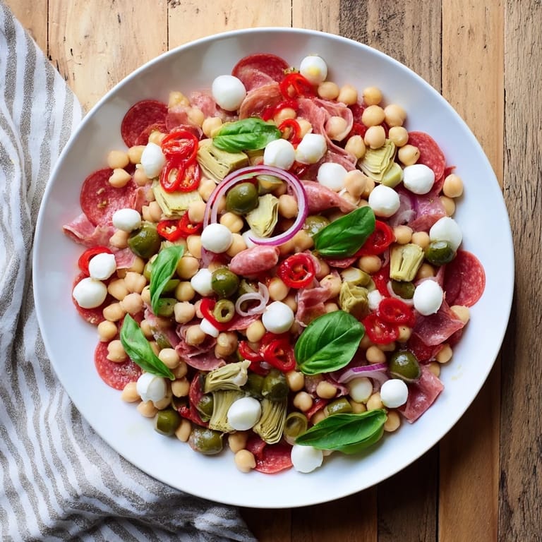 Freshly tossed Antipasto Chickpea Salad with basil, tomatoes, and olives; perfect for a light lunch or appetizer.
