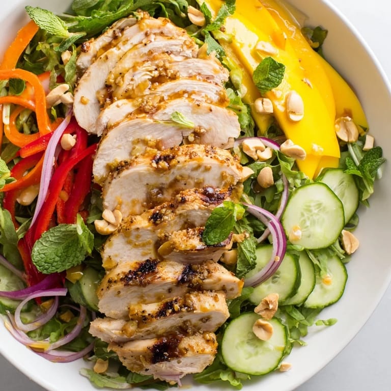 This beautifully arranged Thai Mango Chicken Salad showcases tender chicken, ripe mango, and crisp veggies.