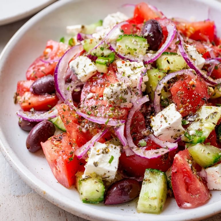 A colorful Mediterranean Salad, freshly tossed with herbs and olive oil, perfect for lunch.