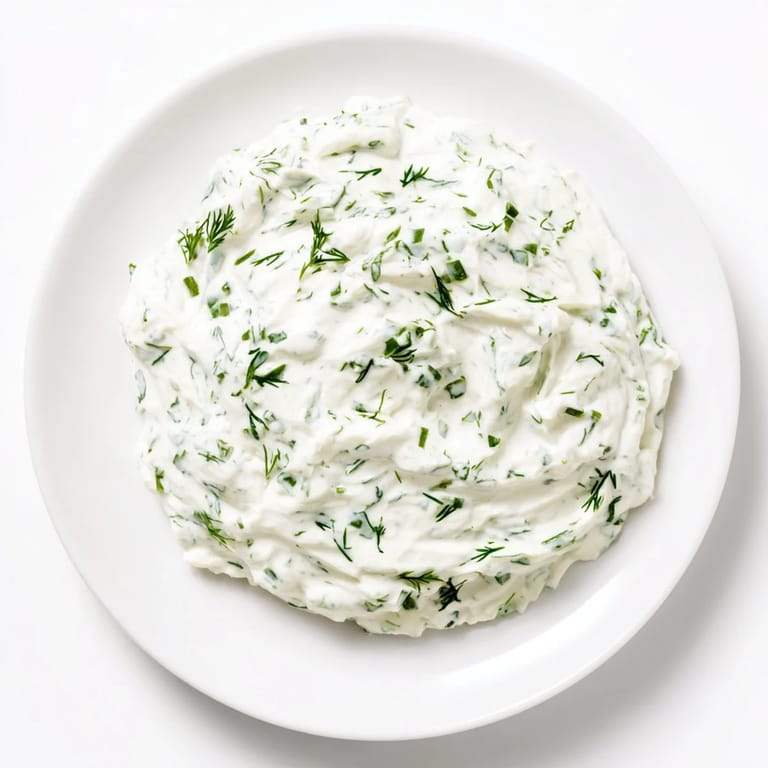 Freshly made Greek Yogurt Ranch Dip, speckled with herbs, ready to serve with crunchy chips.