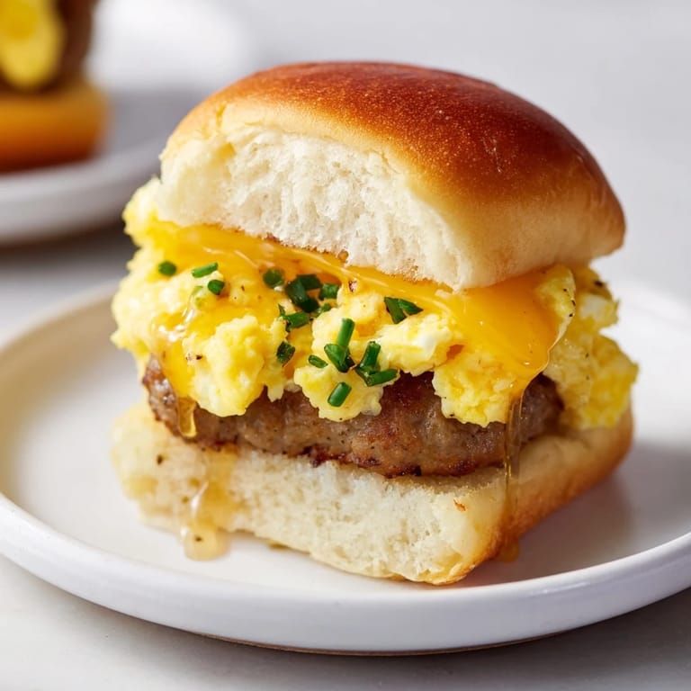 A delicious stack of easy-to-make Mini Breakfast Sliders, ready to serve for a hearty brunch.
