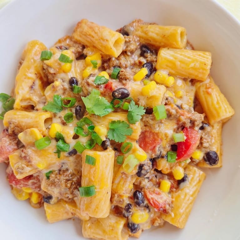 Warm, comforting Cheesy Taco Pasta, perfect for a family dinner with savory ground beef.