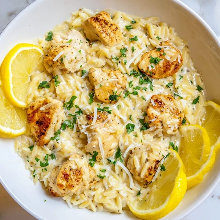 Close-up of a skillet brimming with Creamy Lemon Chicken Orzo, showcasing the creamy sauce and tender chicken.