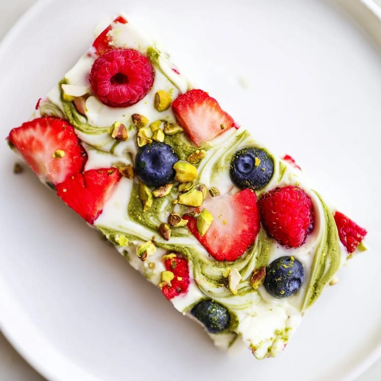 Creamy layers of homemade Frozen Yogurt Bark dotted with fresh berries, ideal for a cool afternoon snack.