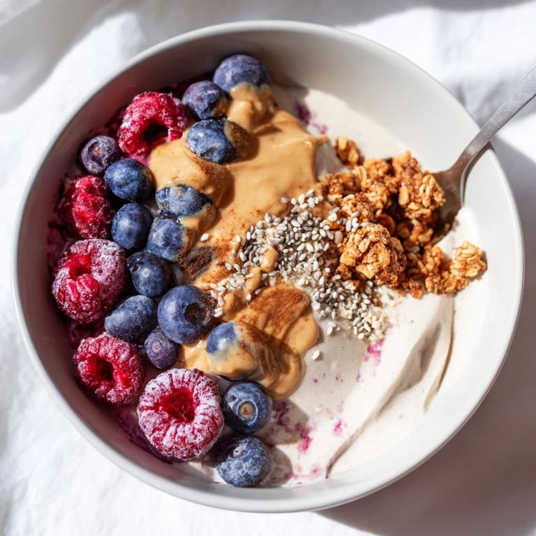 Fresh berries and crunchy granola beautifully top a homemade protein ice cream bowl creation.