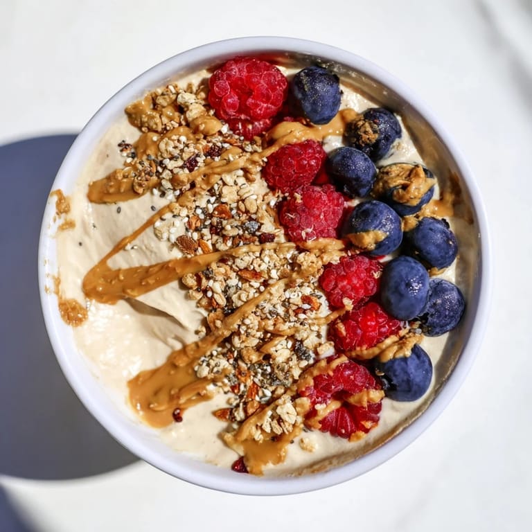 Imagine a refreshing protein ice cream bowl with mixed toppings showcasing a healthy treat idea.