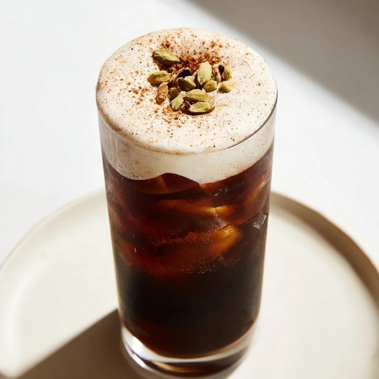 A close-up of a glass of homemade iced chai topped with sweet, fluffy cold foam.