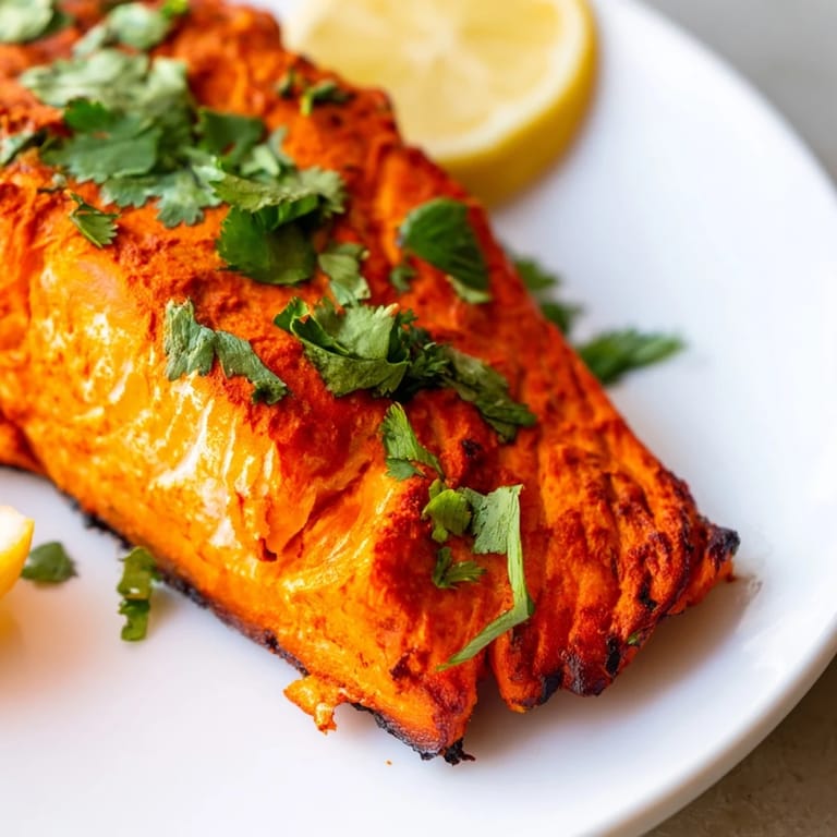 Vibrant orange marinade coats succulent Indian Tikka Salmon, promising a flavorful and healthy dinner.