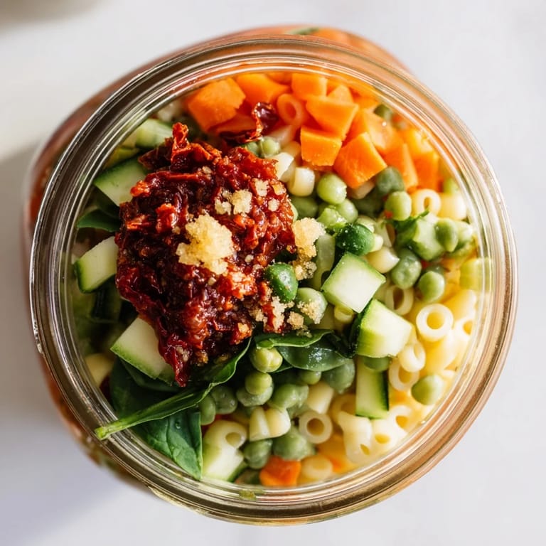 Vibrant photo shows layered jar of fresh vegetables, pasta, and herbs, soon to be savory Minestrone Soup.