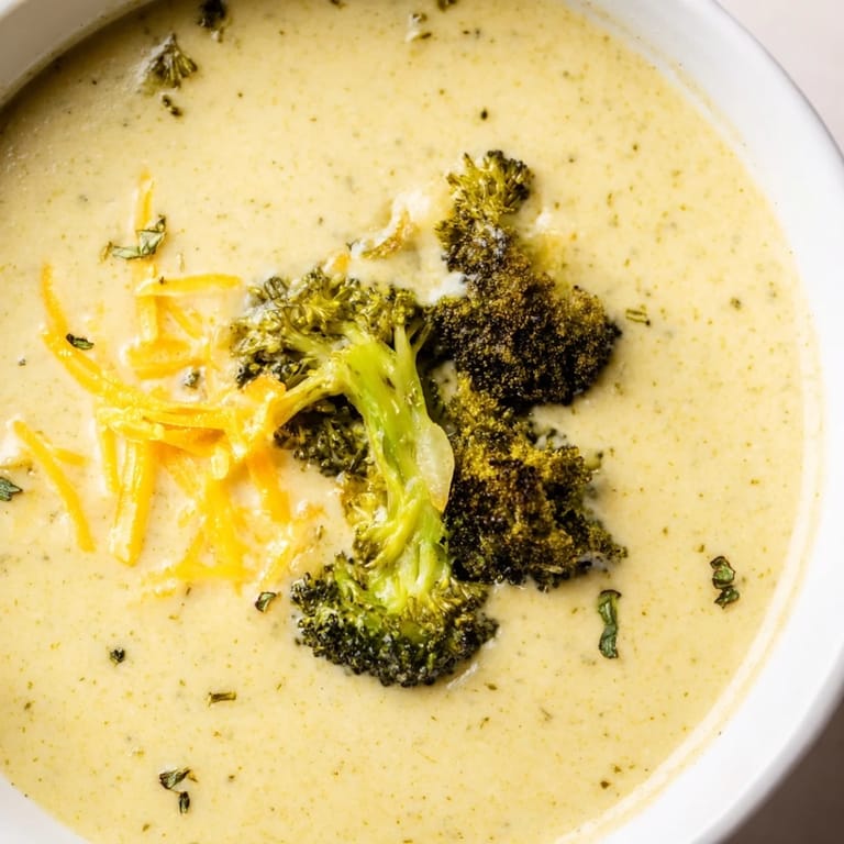 A bowl of hot, flavorful Broccoli Cheddar Soup; the cheese is beautifully melted in it.