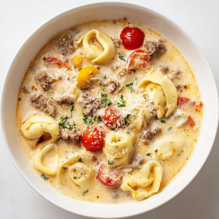 Garnished Tortellini Beef Soup with fresh Parmesan: a comforting bowl of hearty Italian-American cuisine.