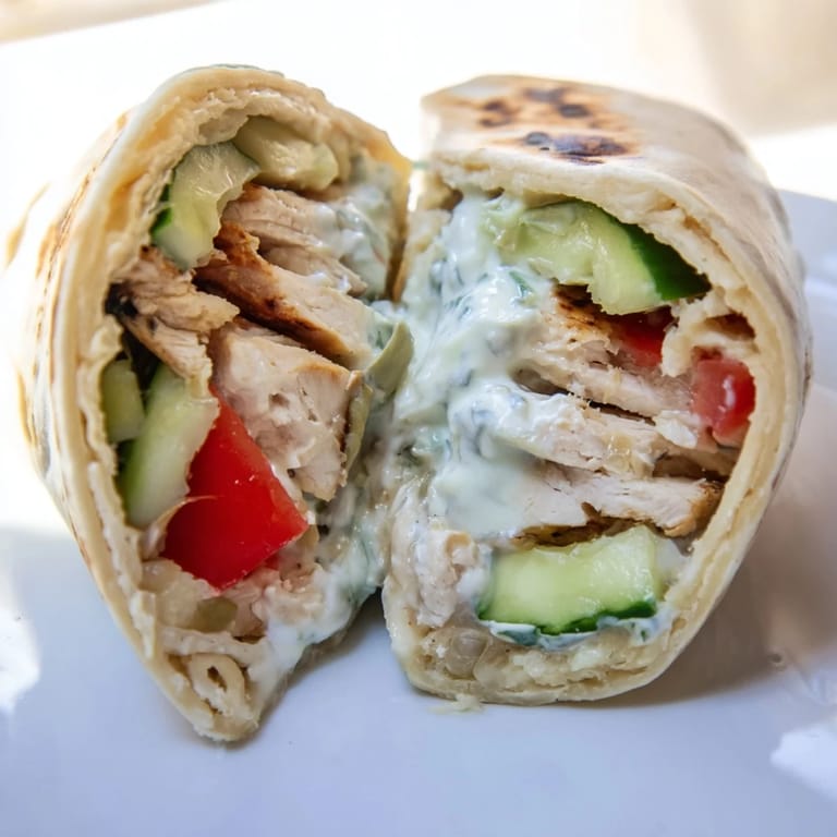 Serving a Greek Chicken Wrap with grilled chicken, fresh vegetables, and creamy tzatziki for a Mediterranean dinner.