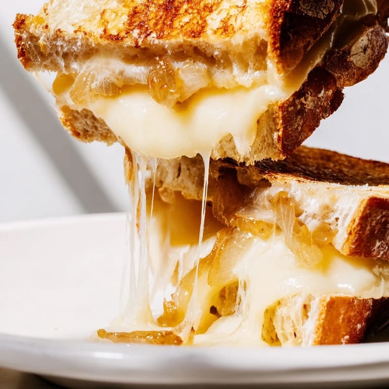 Two halves of a gourmet Caramelized Onion & Gruyère Grilled Cheese sandwich resting on a checkered napkin next to fresh thyme.