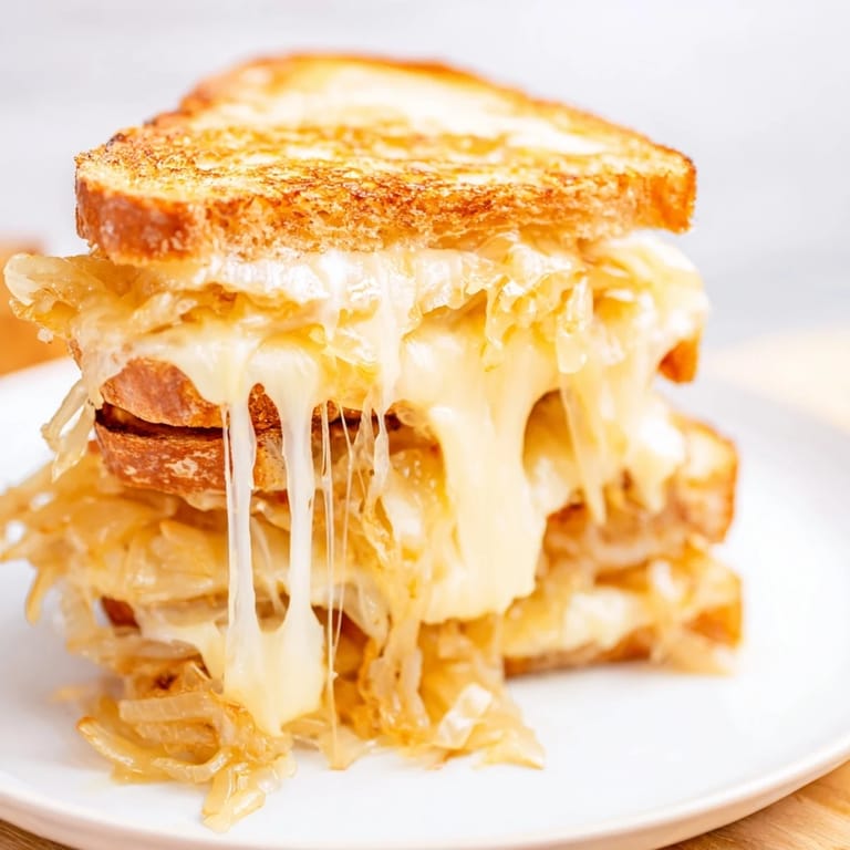 A rustic plate featuring a hot Caramelized Onion & Gruyère Grilled Cheese sandwich, perfectly toasted and ready to serve.