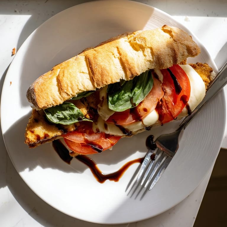 Fresh basil leaves and creamy mozzarella sandwich a golden, crispy chicken cutlet on ciabatta, ready to serve with balsamic glaze.