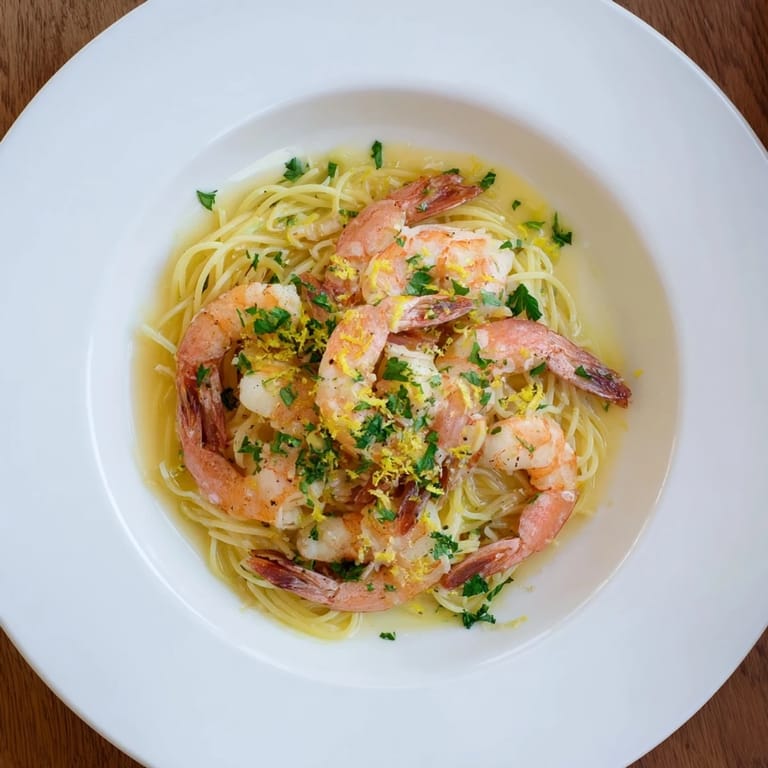 A close-up shot of Lemon Butter Shrimp Pasta Lite highlights succulent shrimp and silky sauce coating every pasta strand.