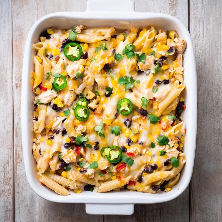 A scoop of Tex-Mex Chicken Burrito Pasta Bake in a baking dish, revealing gooey cheese, chicken, corn, and bell pepper layers.