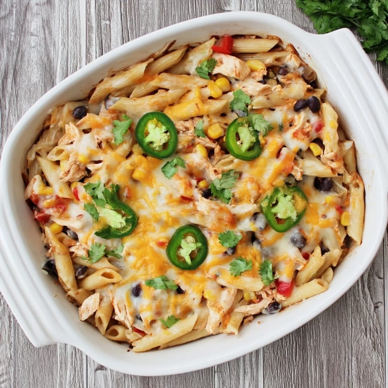 Serving of Chicken Burrito Pasta Bake on a white plate, garnished with fresh cilantro and a wedge of lime for a fresh finish.