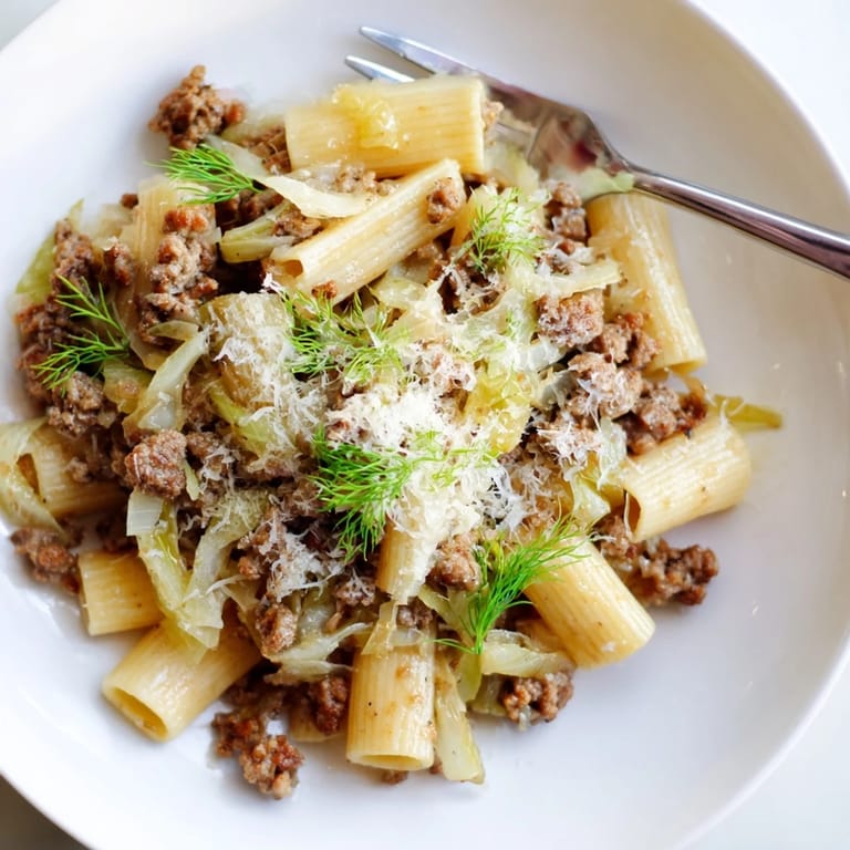 Freshly cooked Winter Pasta with Sausage and Fennel served in a white bowl, with visible slices of sweet fennel and savory sausage pieces.  