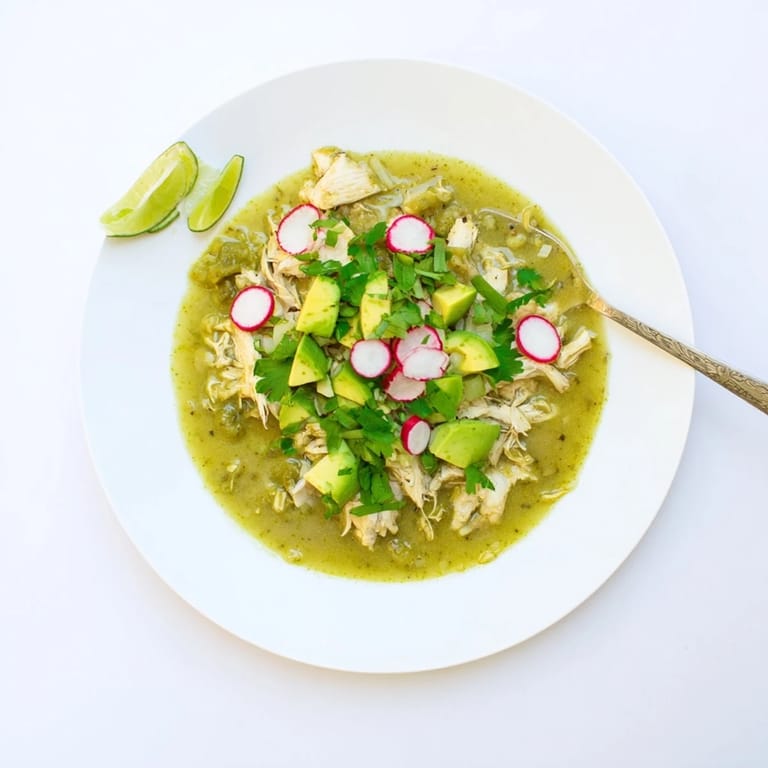A hearty bowl of Chicken Chili Verde, its tangy green sauce simmering with tender chicken and topped with sliced radishes and lime wedges.