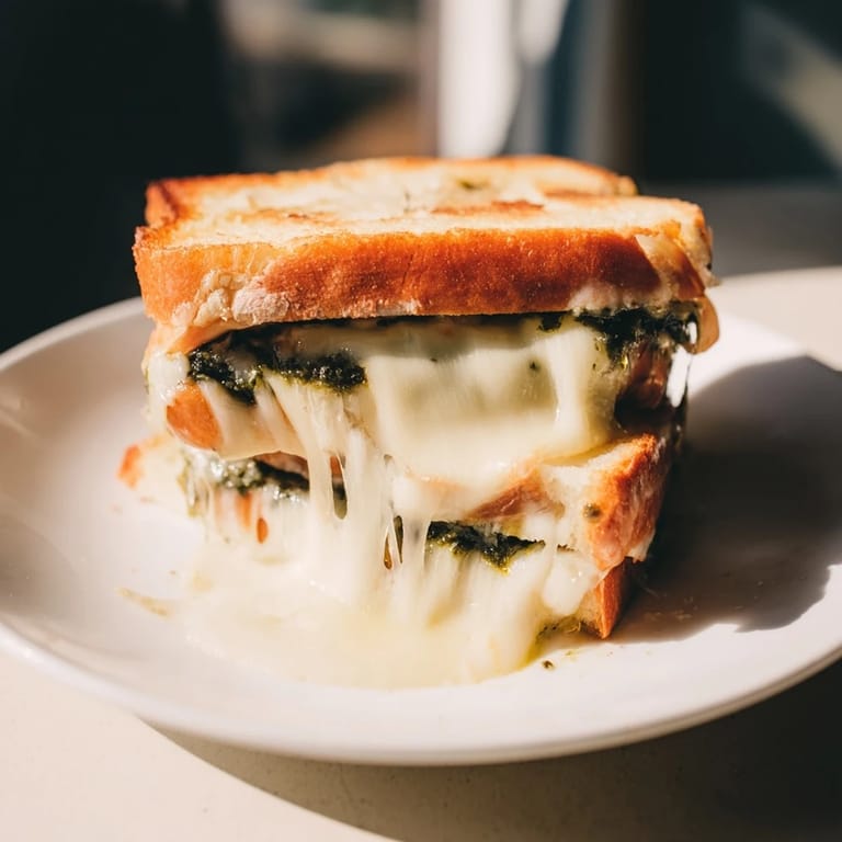 Slice through the Spinach Pesto Grilled Cheese, showing vibrant green pesto and gooey cheese layers.