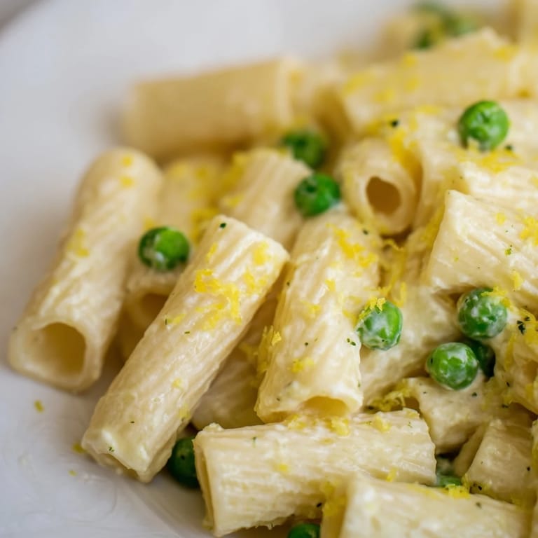 Spring-inspired Pea & Lemon Ricotta Pasta glistens with olive oil, lemon juice, and tender peas on perfectly cooked rigatoni.
