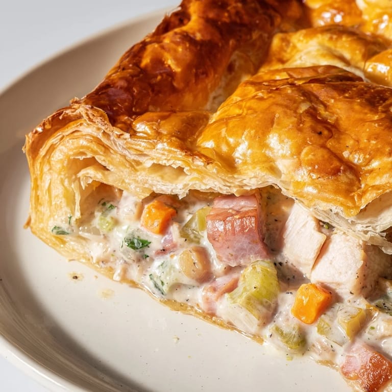 Freshly baked Chicken and Leek Pie rests on a wooden board, steam rising from the flaky pastry crust and rich, creamy filling visible in a slice.
