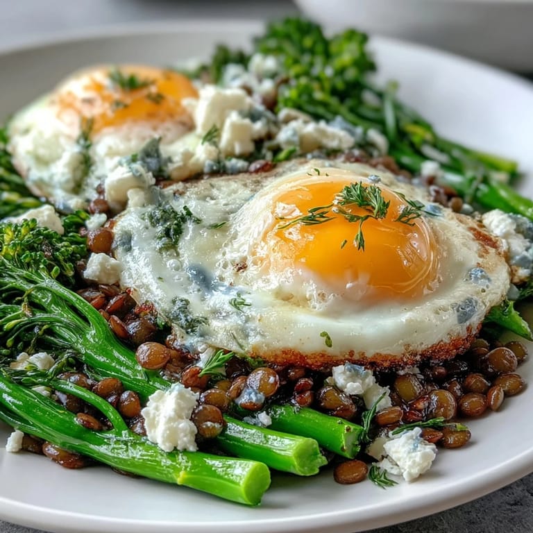 Hearty French Lentil Salad with crisp broccolini, drizzled with tangy Dijon vinaigrette.