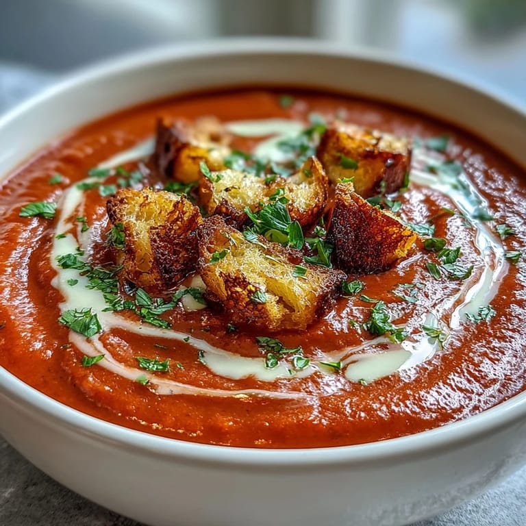 Spicy Roasted Red Pepper Soup topped with golden croutons and a swirl of cream for a cozy meal.