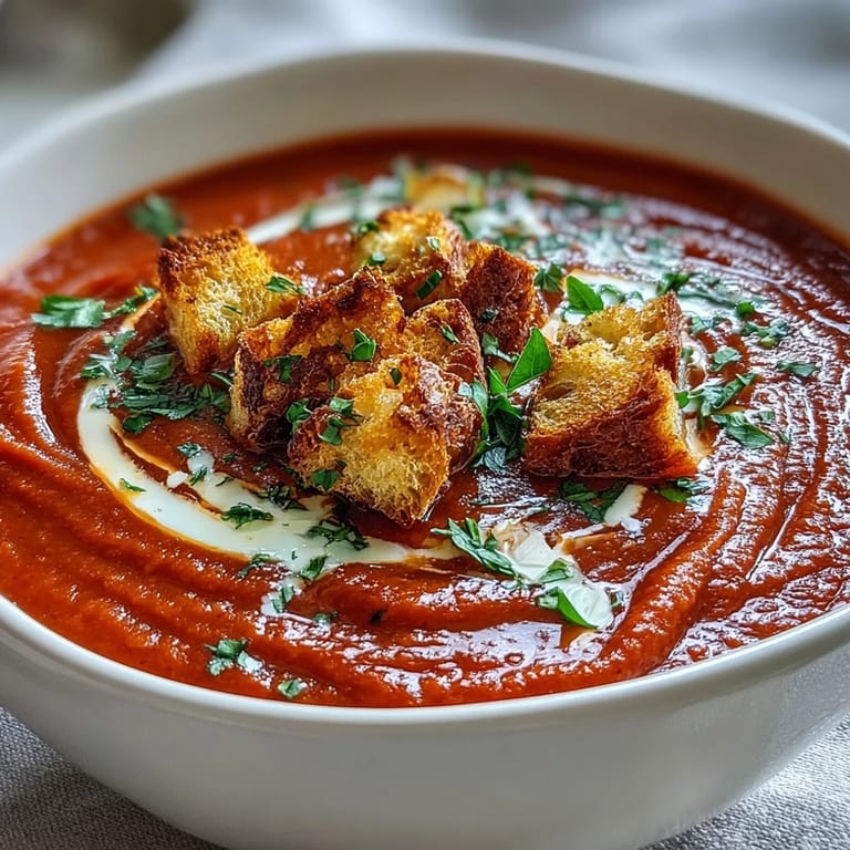 Roasted Red Pepper Soup with Crispy Croutons served in white ceramic bowls with harissa on the side.